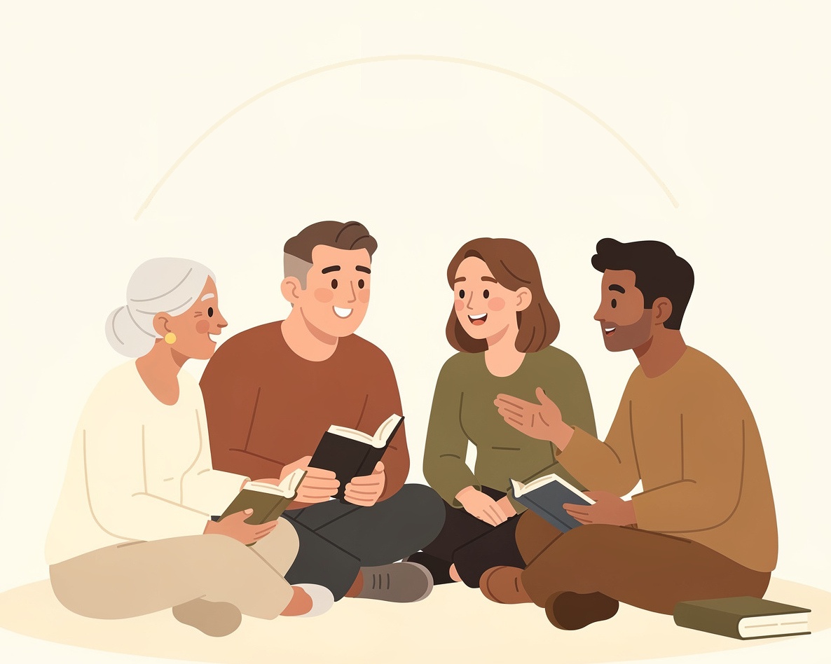 A diverse group of readers sharing and discussing books together